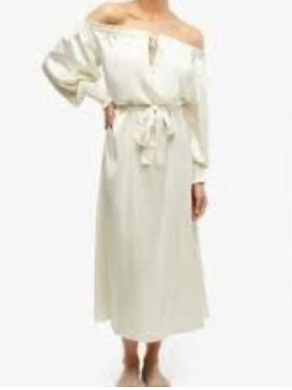 NWT WeWoreWhat Satin Off the Shoulder Maxi Dress in Ecru with Tie Waist